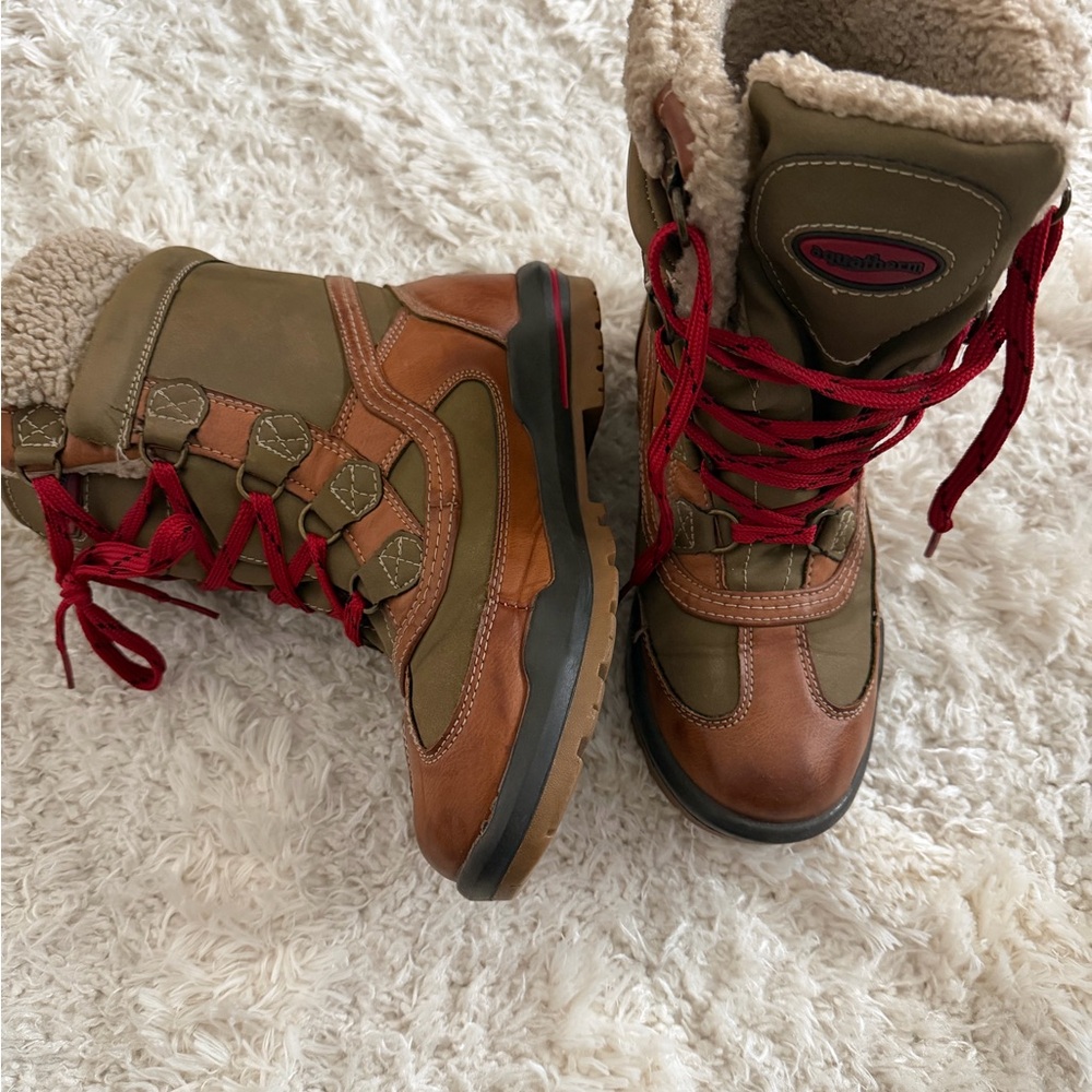 Women’s Olive & Brown Insulated Winter Boots with Red Lace Accents